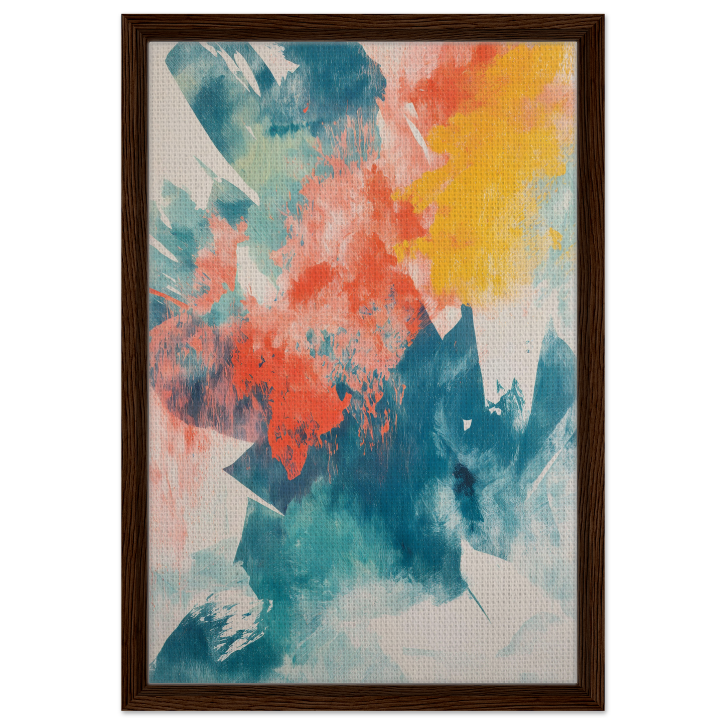 Abstract painting titled Coral Teal Syncopation in a wooden frame for elegant room decor