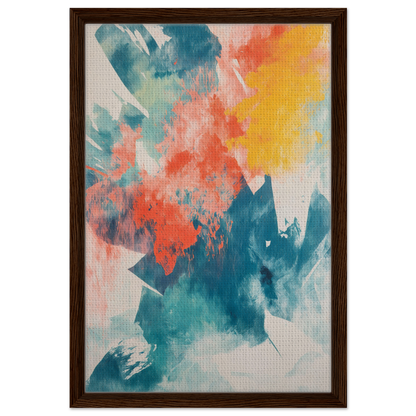 Abstract painting titled Coral Teal Syncopation in a wooden frame for elegant room decor