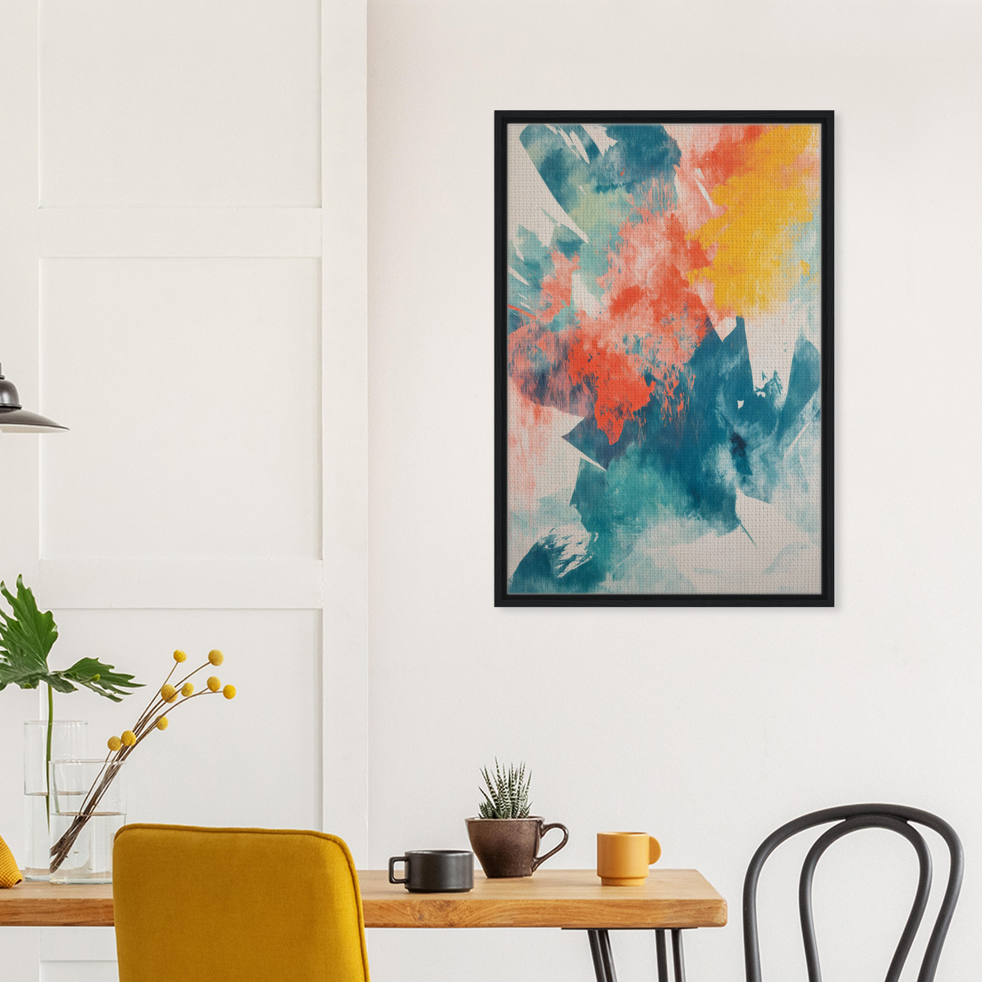 Colorful abstract Coral Teal Syncopation framed canvas art on a white wall