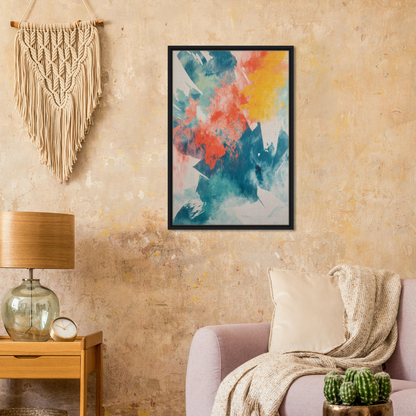 Colorful abstract painting in teal, coral, and yellow framed for elegant room decor