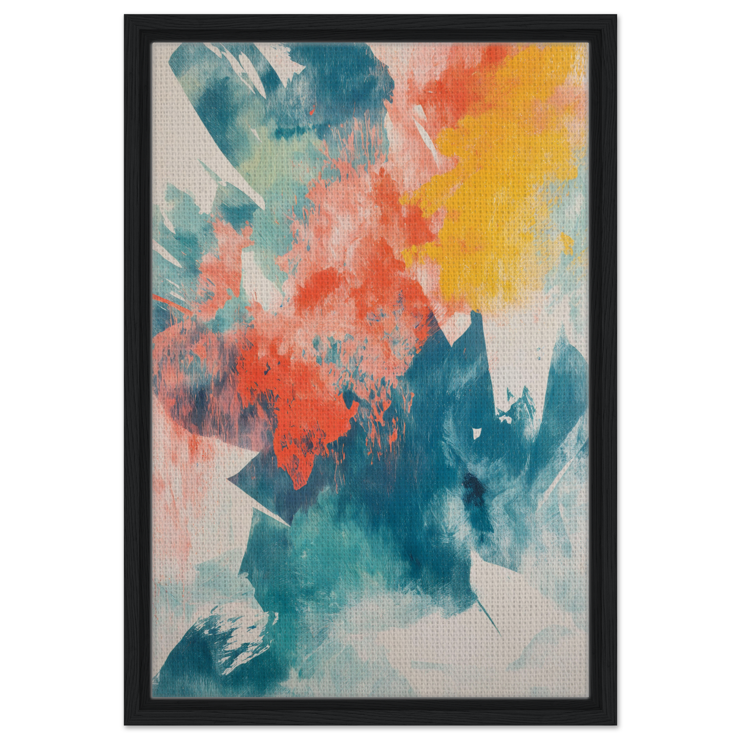 Abstract painting of vibrant teal, coral, and yellow in Coral Teal Syncopation framed canvas art