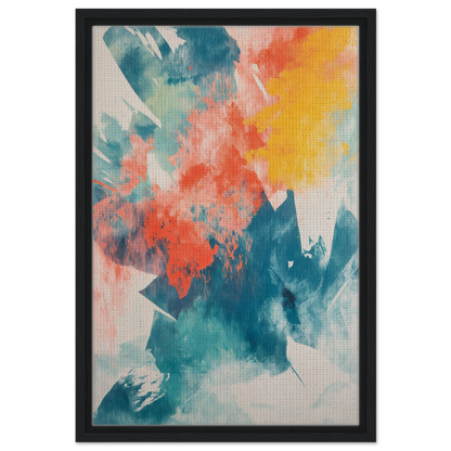 Abstract painting of vibrant teal, coral, and yellow in Coral Teal Syncopation framed canvas art