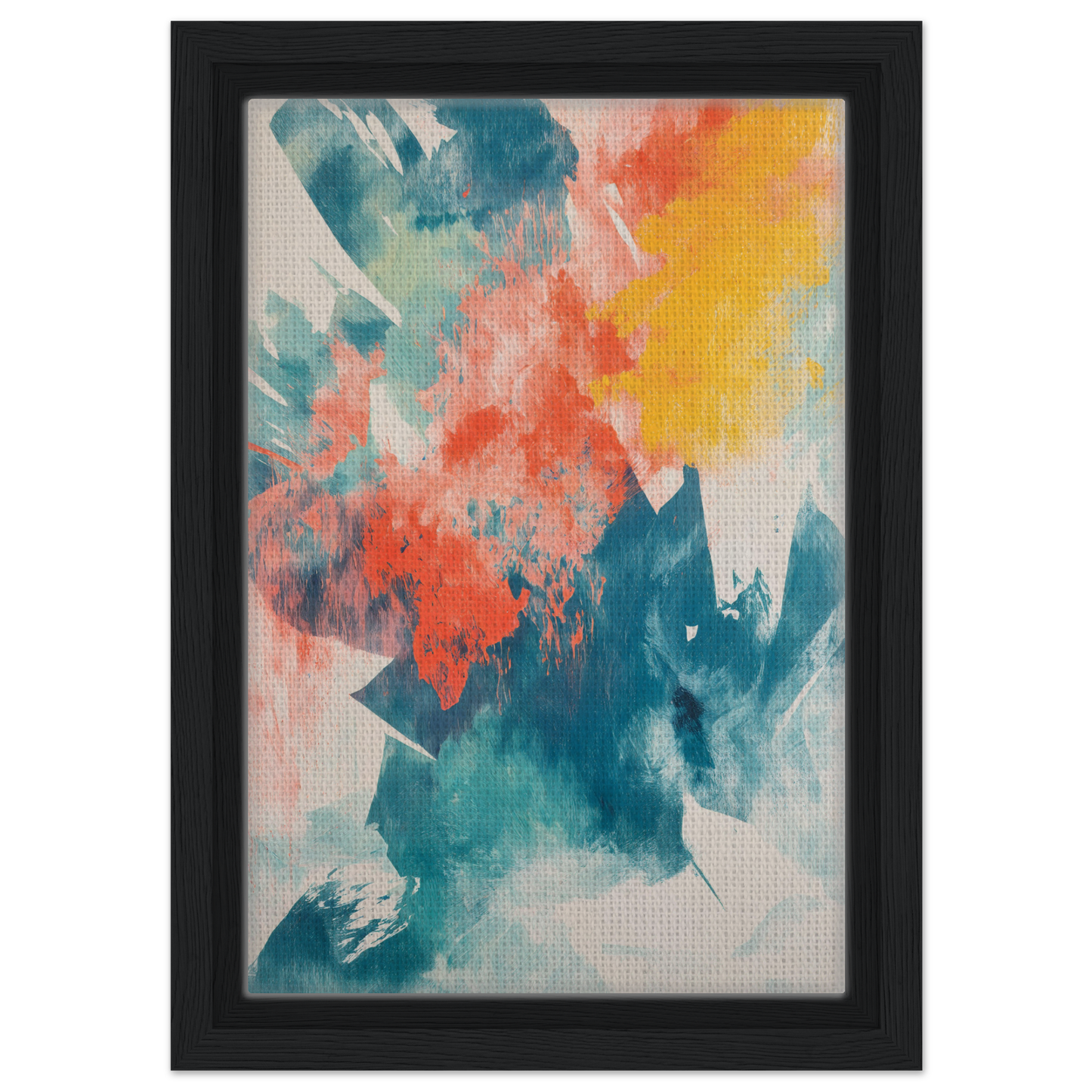 Vibrant abstract painting Coral Teal Syncopation in a framed canvas print