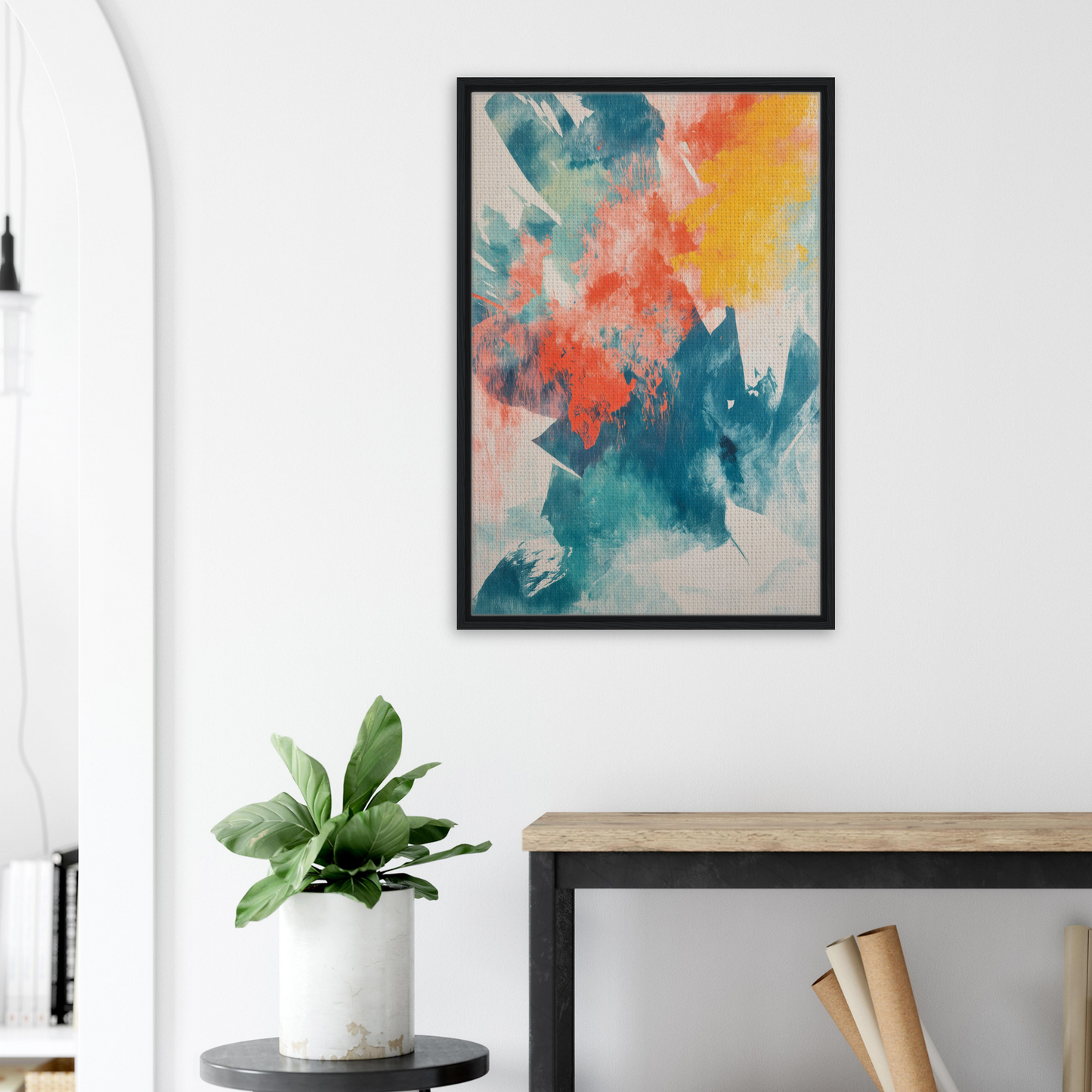 Abstract painting Coral Teal Syncopation in vibrant colors, framed canvas art piece