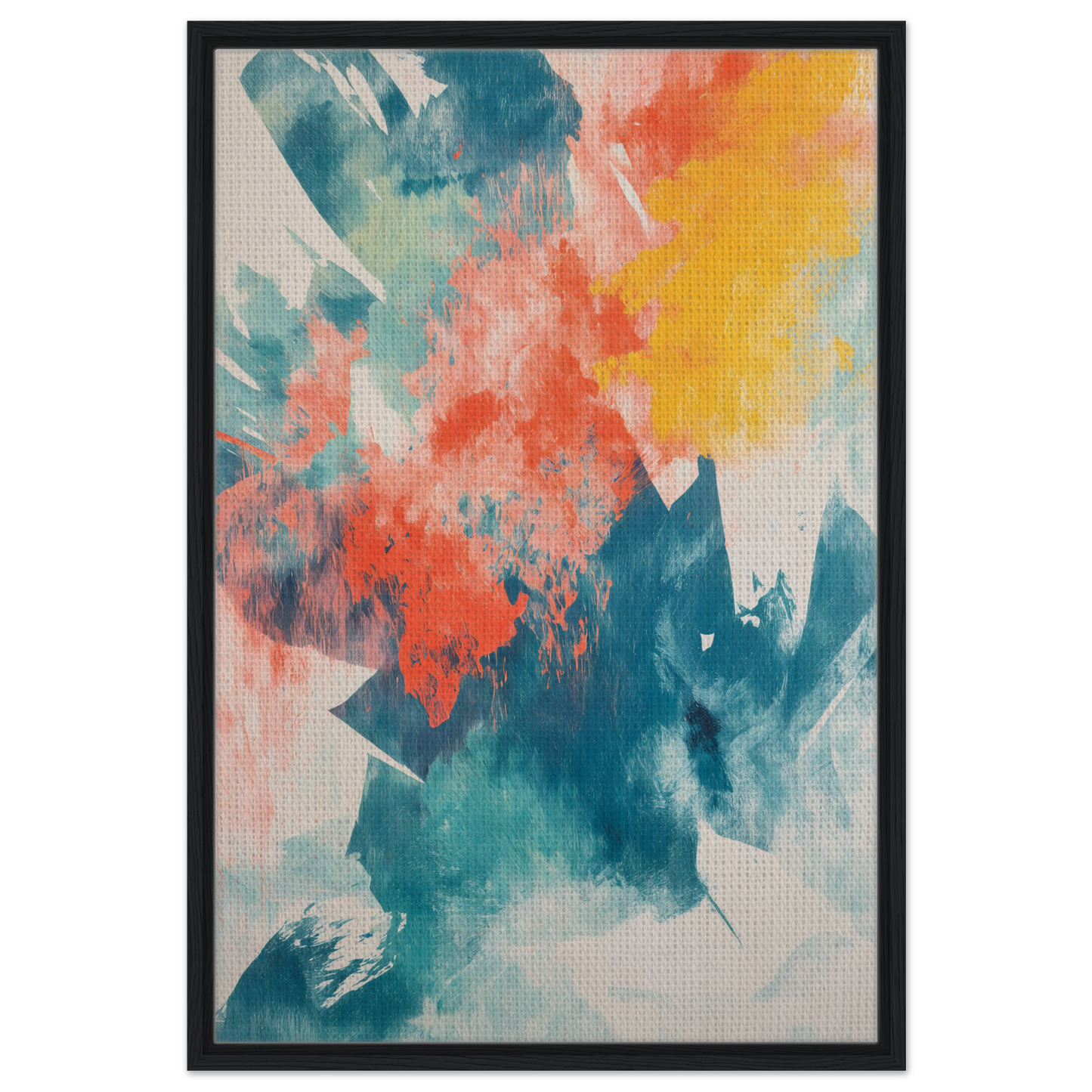 Abstract painting in vibrant teal, coral, and yellow for Coral Teal Syncopation framed canvas art