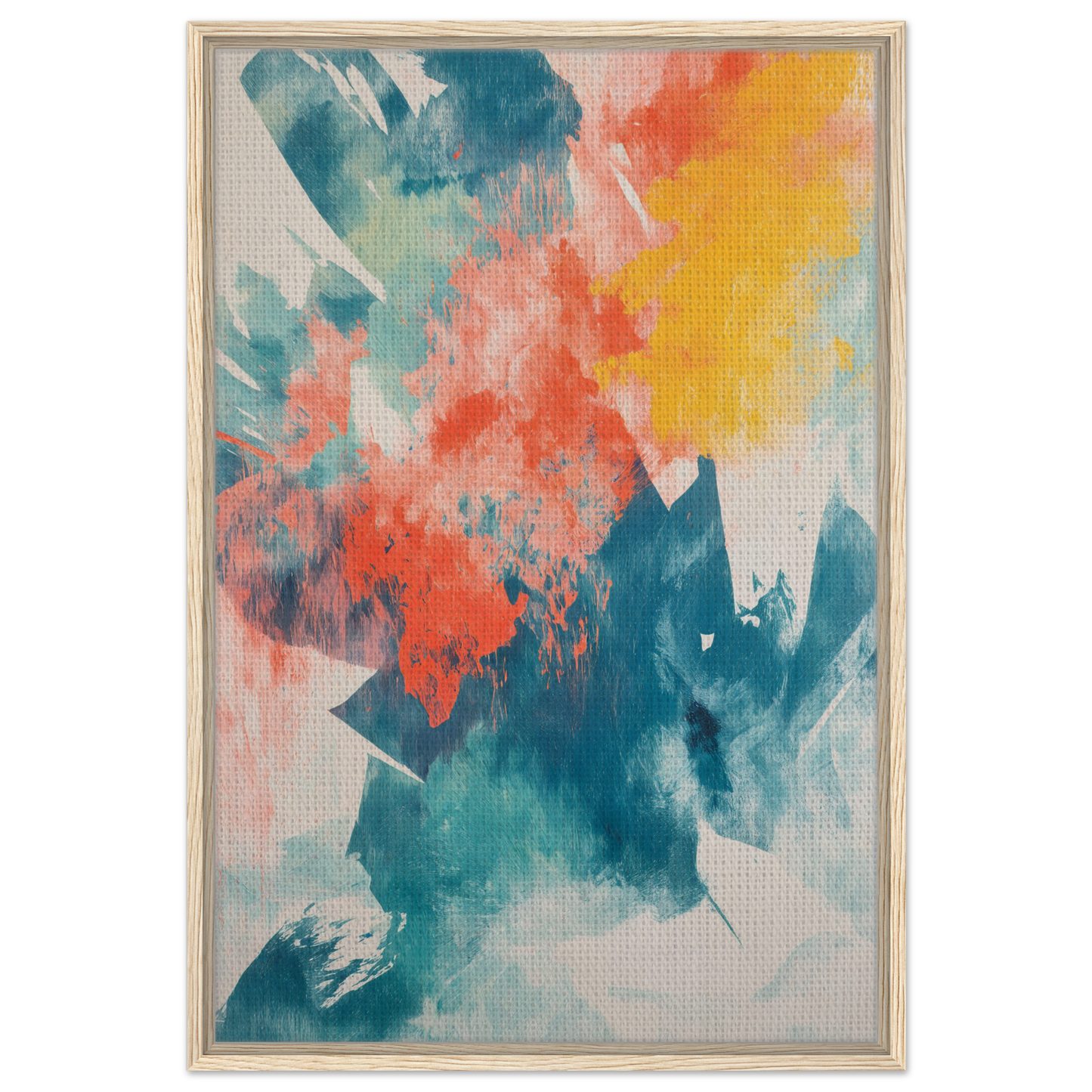 Abstract painting of vibrant teal, coral, and yellow for Coral Teal Syncopation framed canvas art