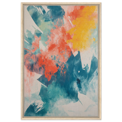 Abstract painting of vibrant teal, coral, and yellow for Coral Teal Syncopation framed canvas art