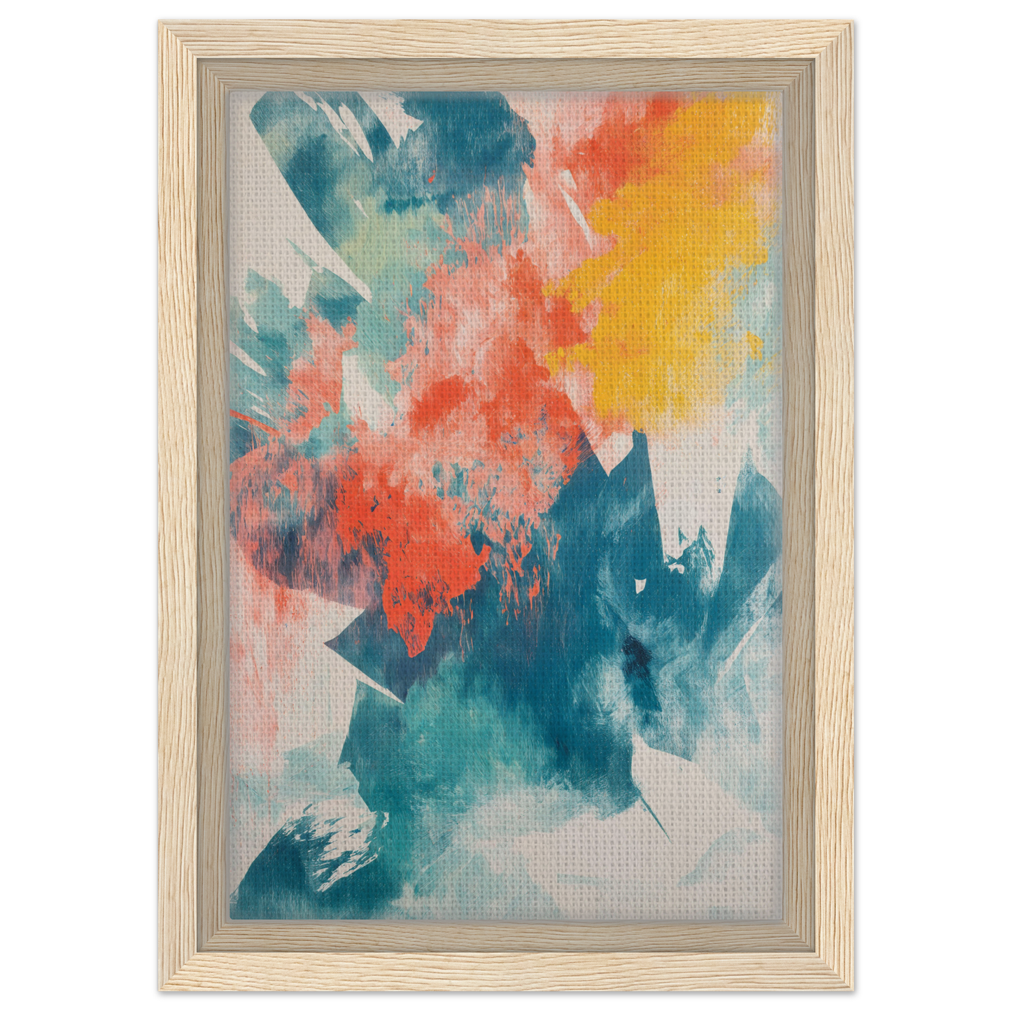 Abstract painting titled Coral Teal Syncopation featuring vibrant teal, coral, and yellow splashes