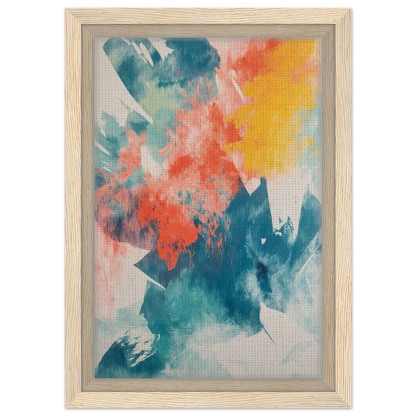 Abstract painting titled Coral Teal Syncopation featuring vibrant teal, coral, and yellow splashes