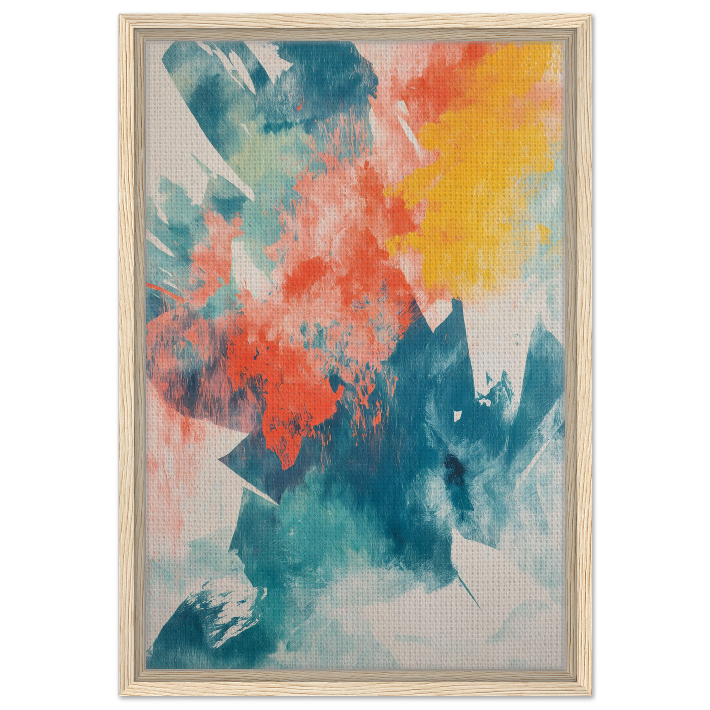 Abstract painting in vibrant coral teal syncopation for stylish framed canvas art