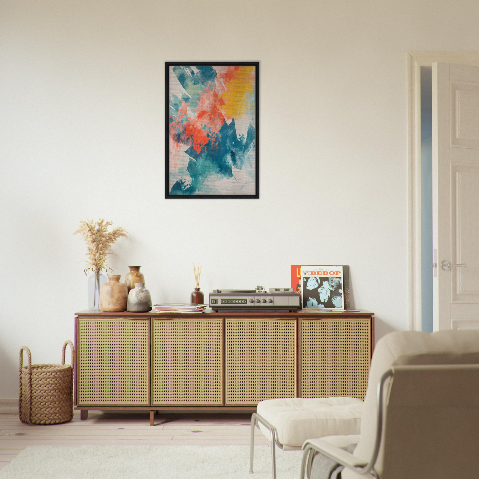 Wooden sideboard with cane-webbed doors and Coral Teal Syncopation decor items