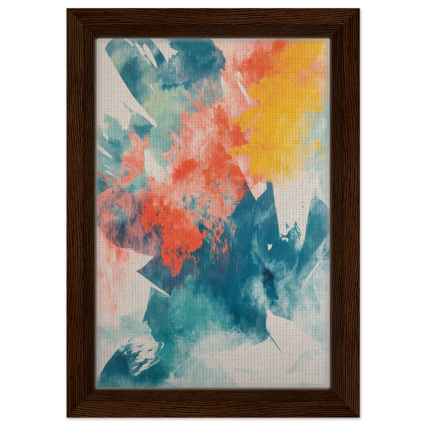 Abstract painting featuring vibrant blue, coral, and yellow, Coral Teal Syncopation framed canvas art