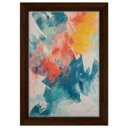 Abstract painting featuring vibrant blue, coral, and yellow, Coral Teal Syncopation framed canvas art