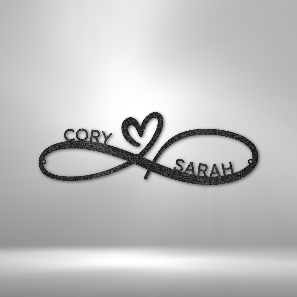 Infinity symbol with names ’Cory’ and ’Sarah’ and a heart shape incorporated into its design.