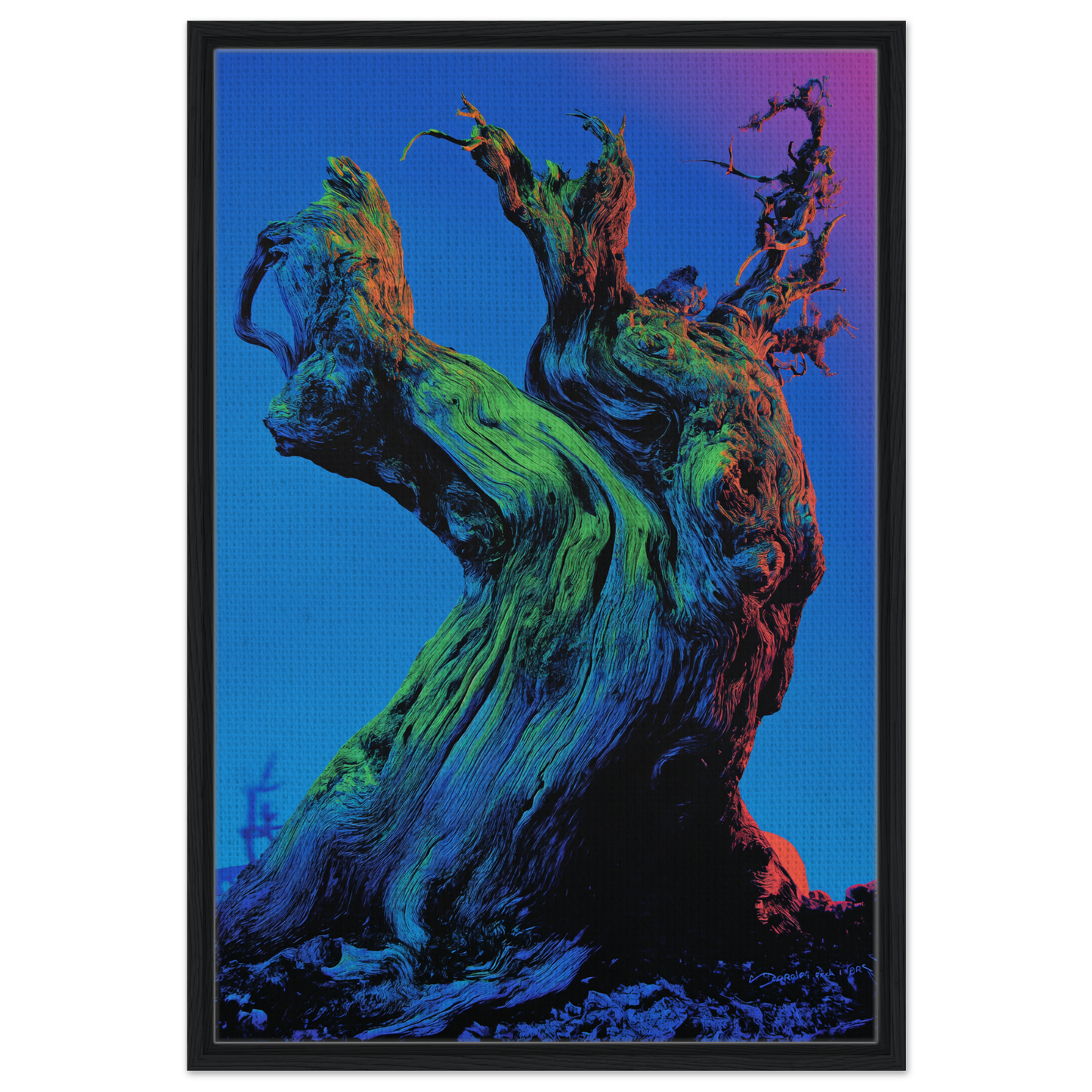 Twisted colorful tree trunk and gnarled branches in Cosmic Arboreal Dream room decor