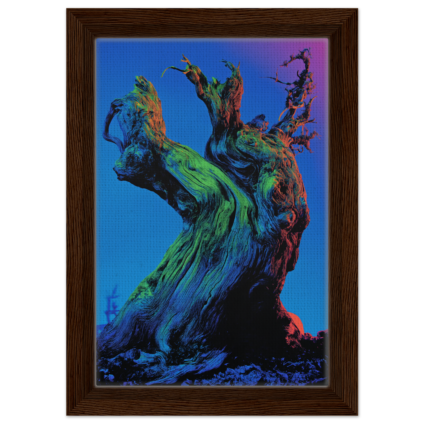 Twisted colorful tree trunk and gnarled branches in Cosmic Arboreal Dream room decor