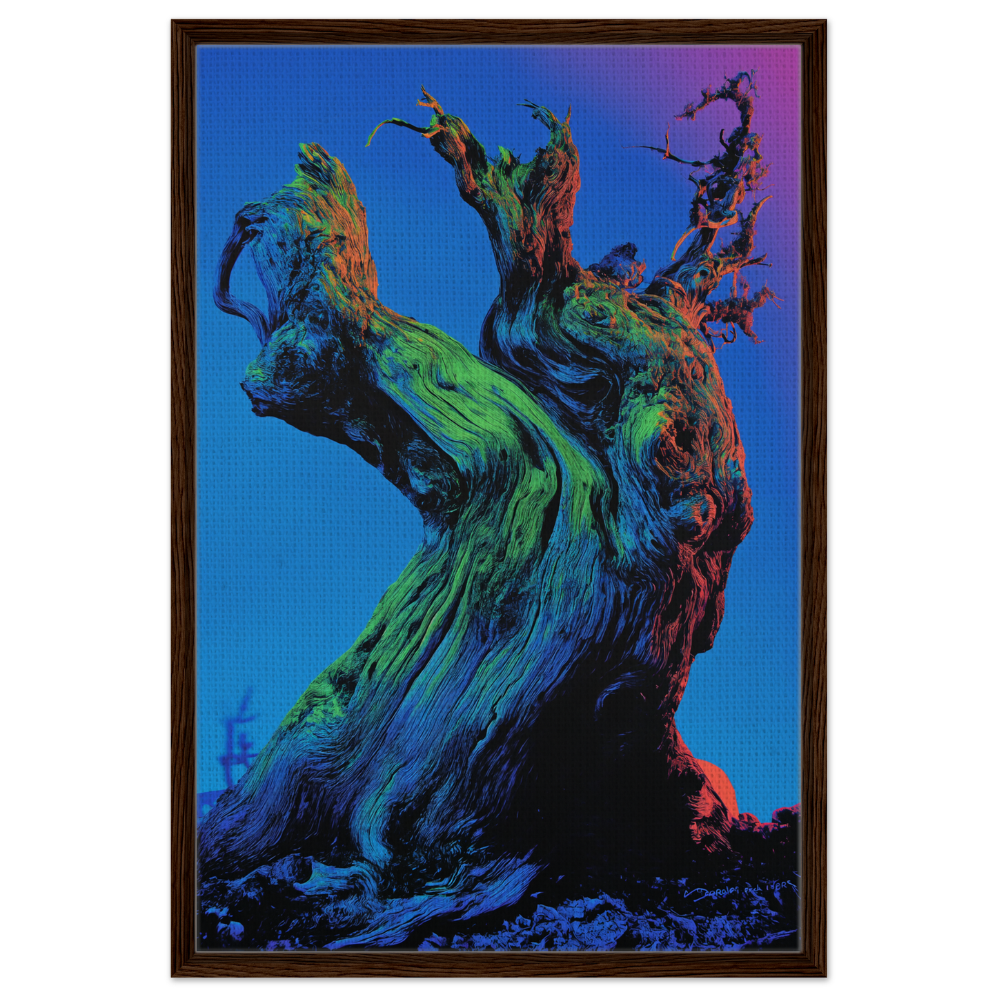 Twisted colorful tree trunk with gnarled branches in Cosmic Arboreal Dream room decor