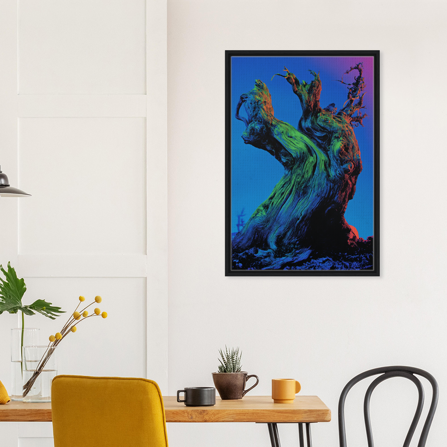 Vibrant abstract painting of twisted tree form in Cosmic Arboreal Dream room decor