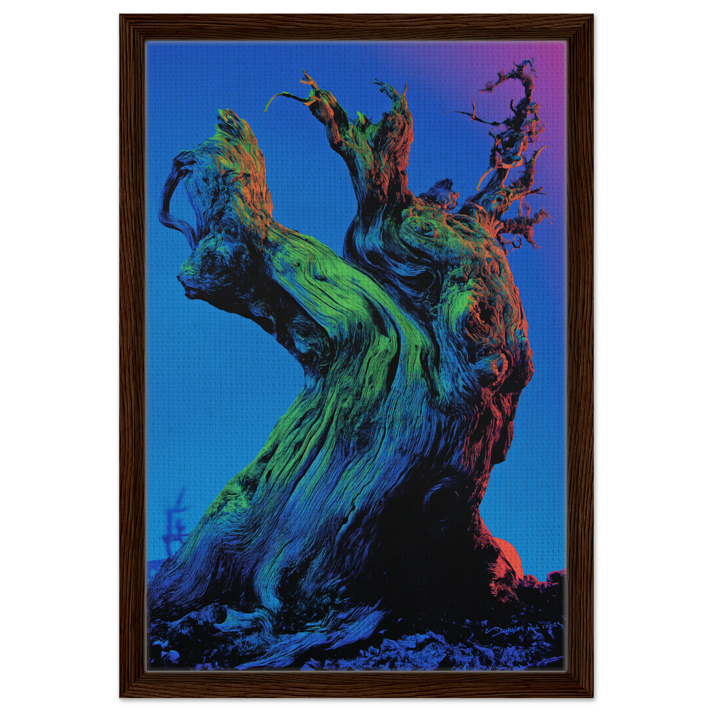 Twisted colorful tree trunk in Cosmic Arboreal Dream framed canvas print