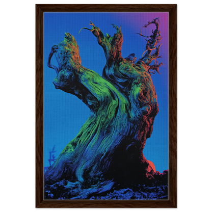 Twisted colorful tree trunk in Cosmic Arboreal Dream framed canvas print