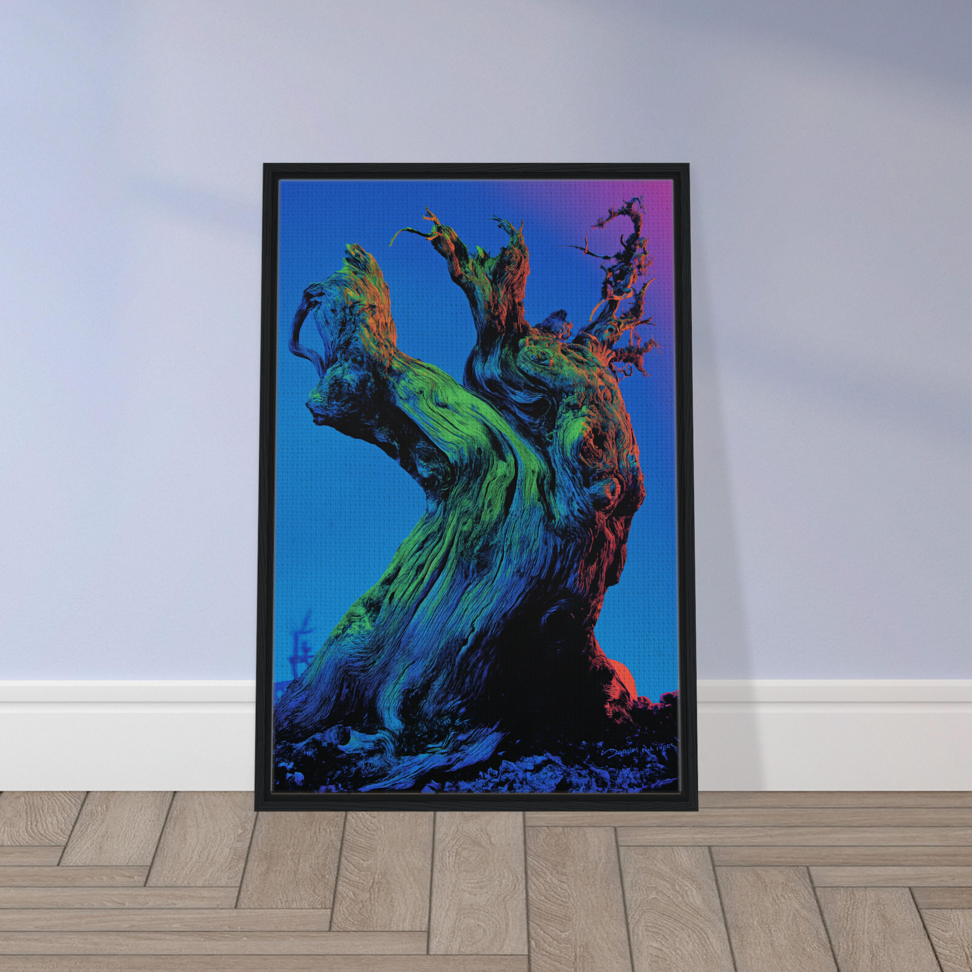 Colorful abstract painting of a twisted tree form for Cosmic Arboreal Dream room decor