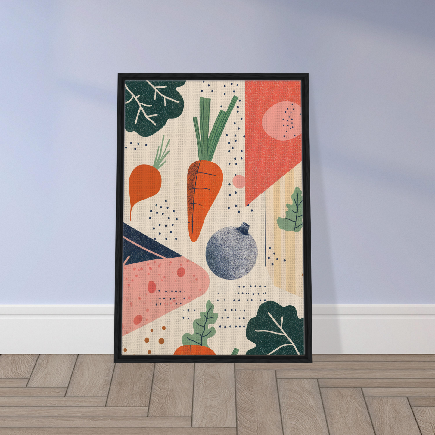 Framed canvas print of Cosmic Carrot Cosmos with abstract vegetables and geometric shapes