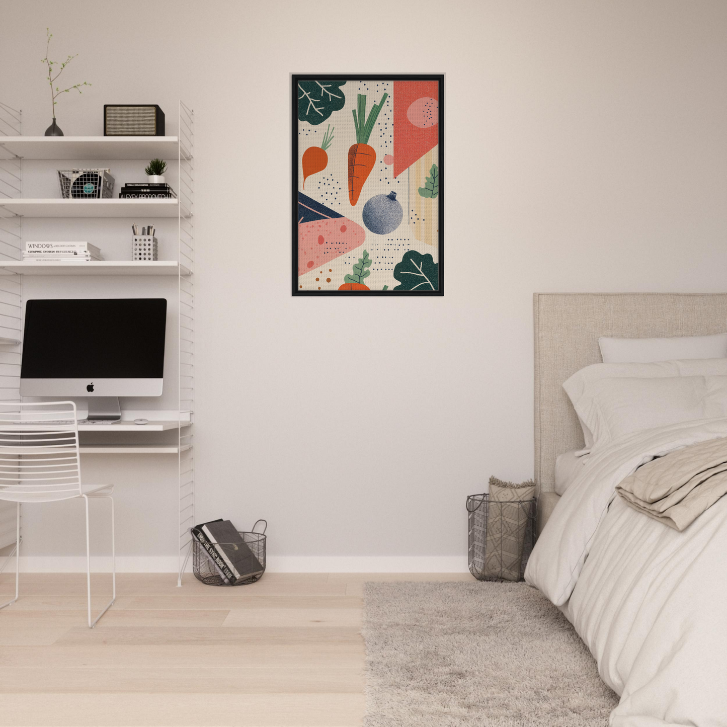 Framed canvas print of Cosmic Carrot Cosmos with abstract vegetables in pastel hues