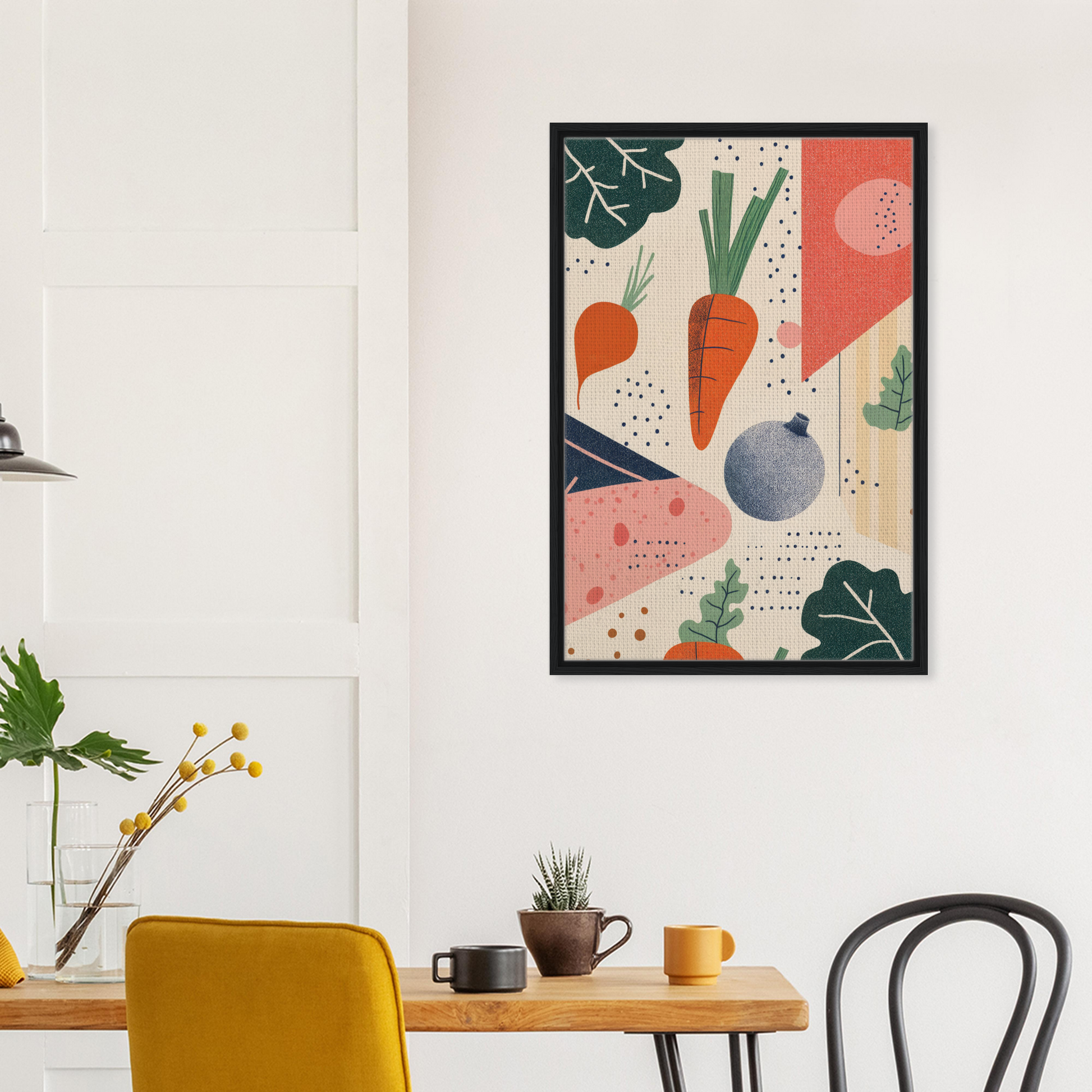 Framed canvas print of Cosmic Carrot Cosmos with abstract vegetables and geometric shapes