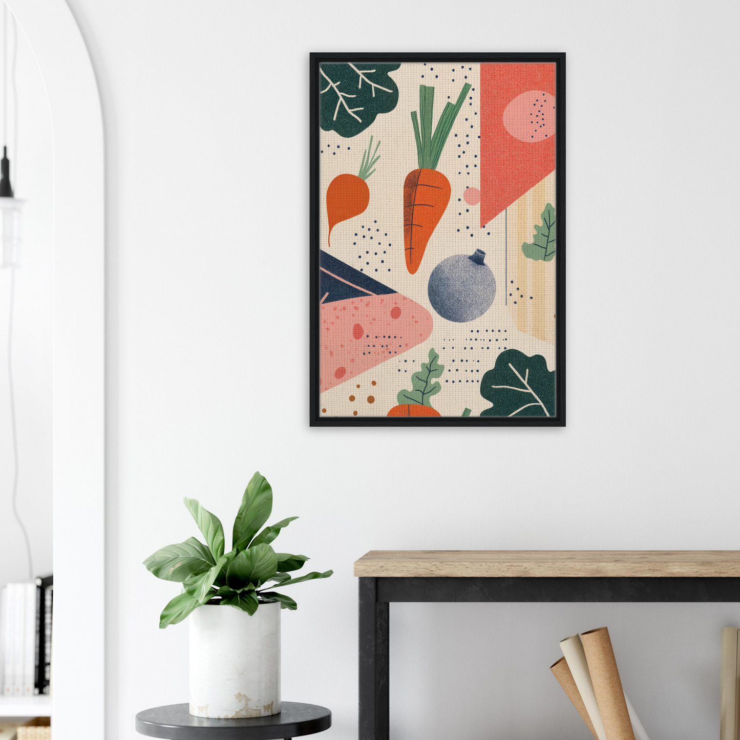 Framed canvas print of Cosmic Carrot Cosmos with abstract vegetables and geometric shapes