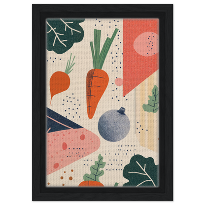 Colorful abstract geometric vegetables illustration for Cosmic Carrot Cosmos framed canvas print