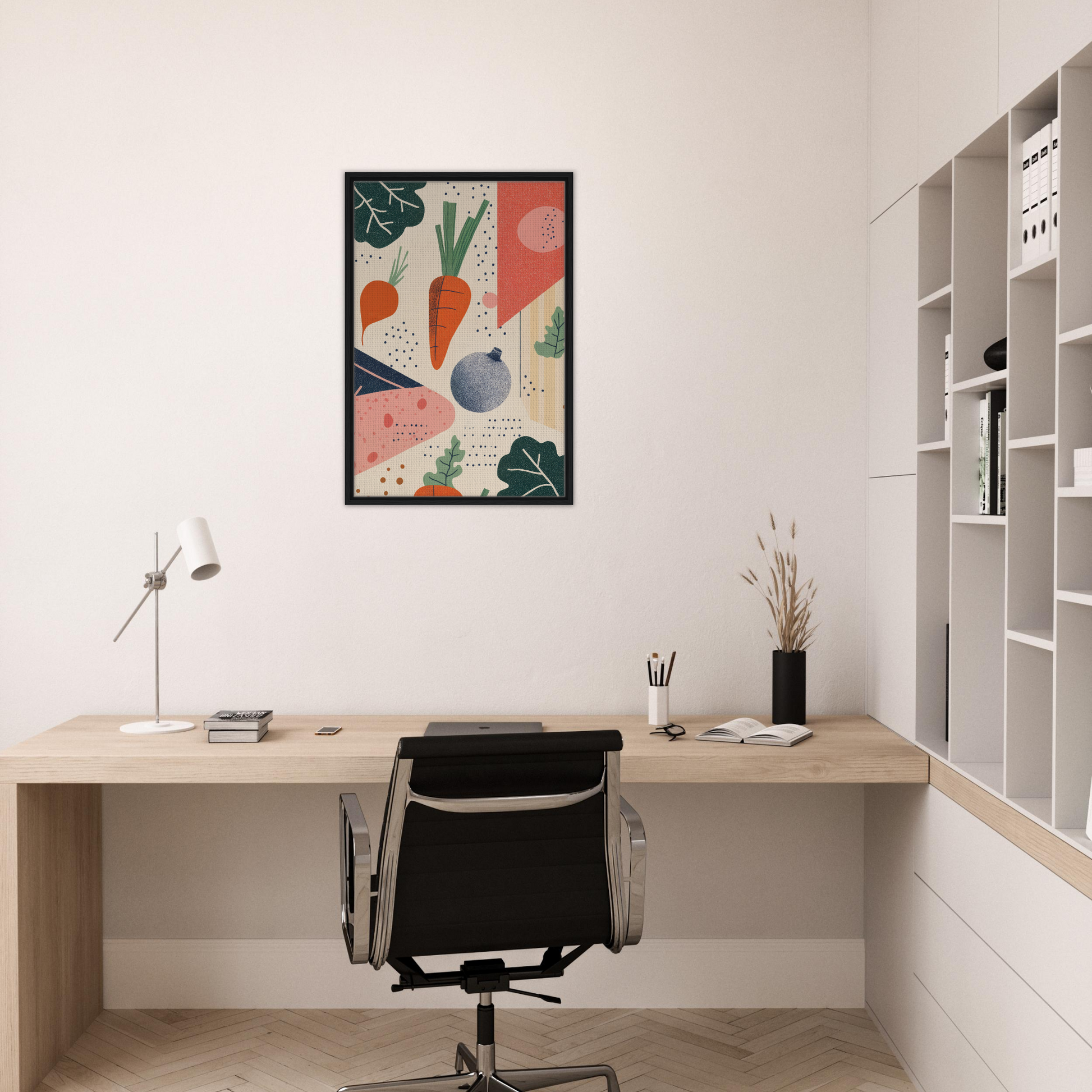 Minimalist home office featuring Cosmic Carrot Cosmos wall art and stylish room decor