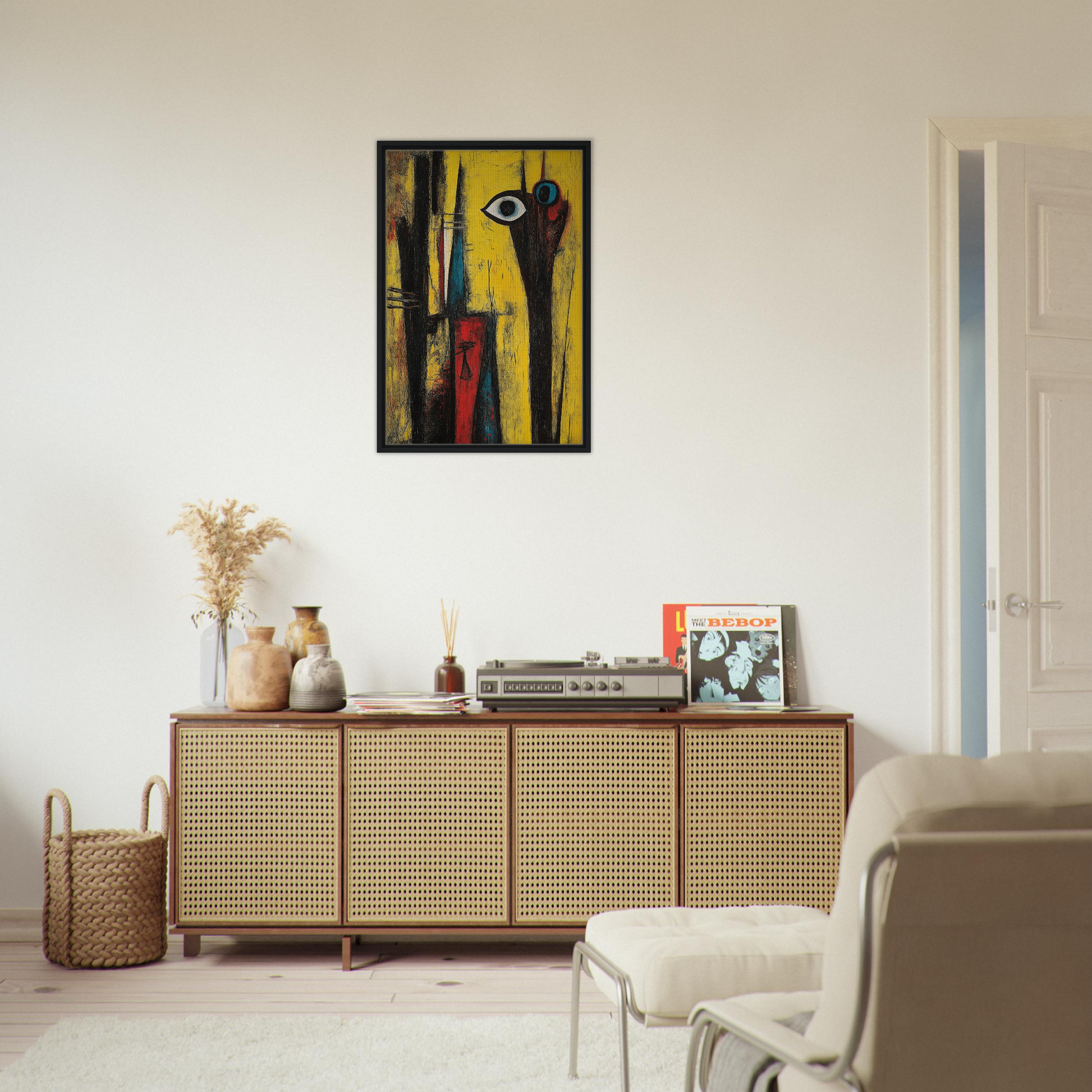 Wooden sideboard with cane-webbed doors atop Cosmic Dreaming Curvature room decor