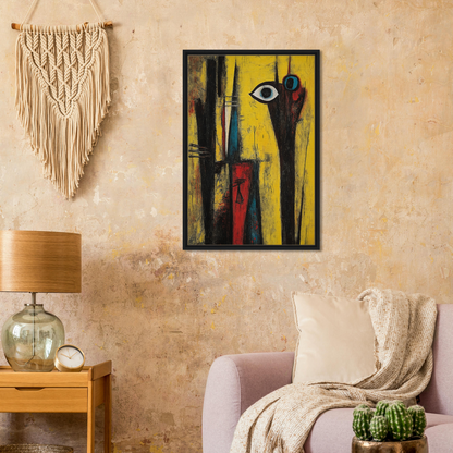 Abstract painting with yellow background, geometric shapes, and eye motif for Cosmic Dreaming Curvature framed canvas print