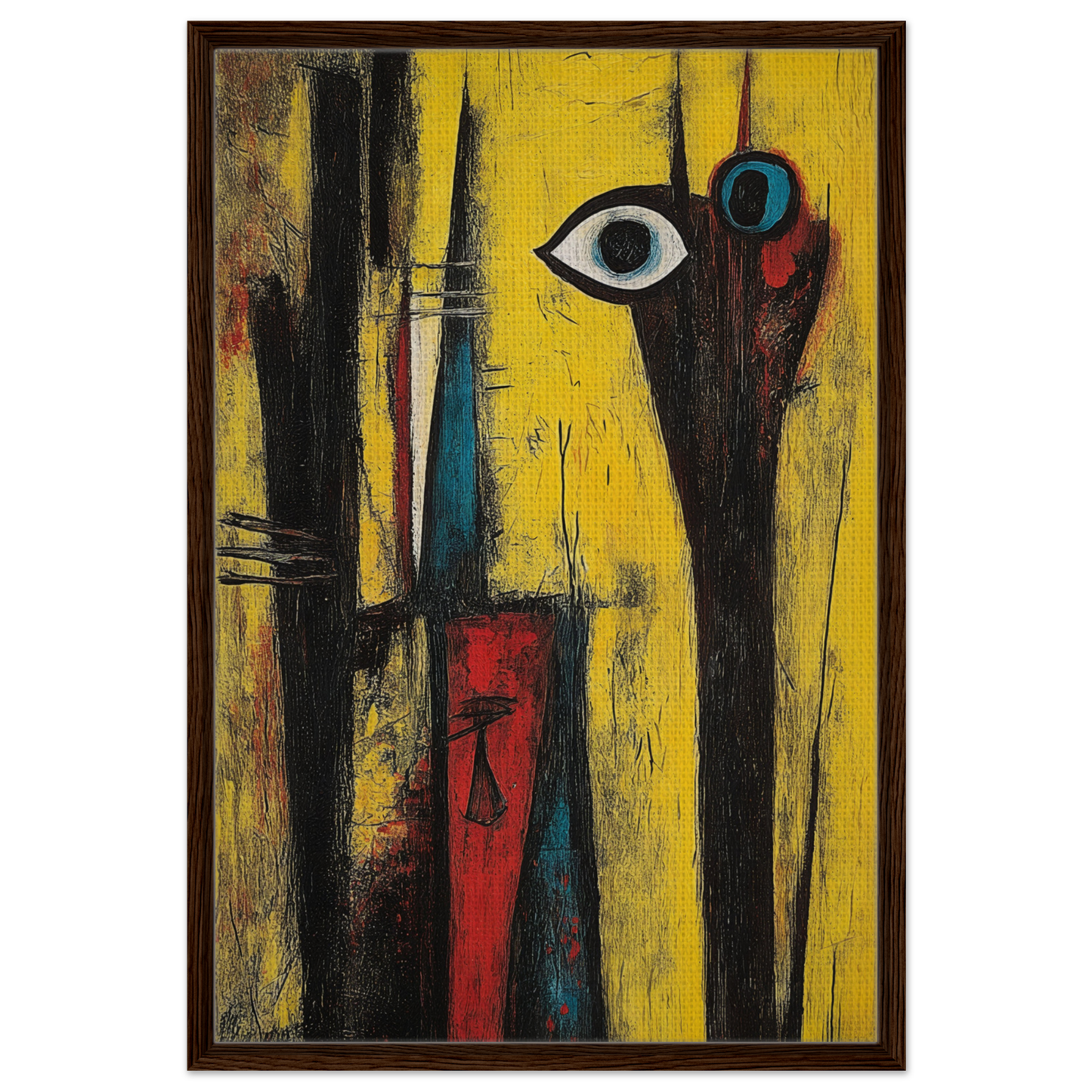 Abstract painting of stylized figures and an eye on vibrant yellow, Cosmic Dreaming Curvature