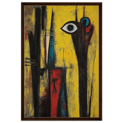 Abstract painting of stylized figures and an eye on vibrant yellow, Cosmic Dreaming Curvature