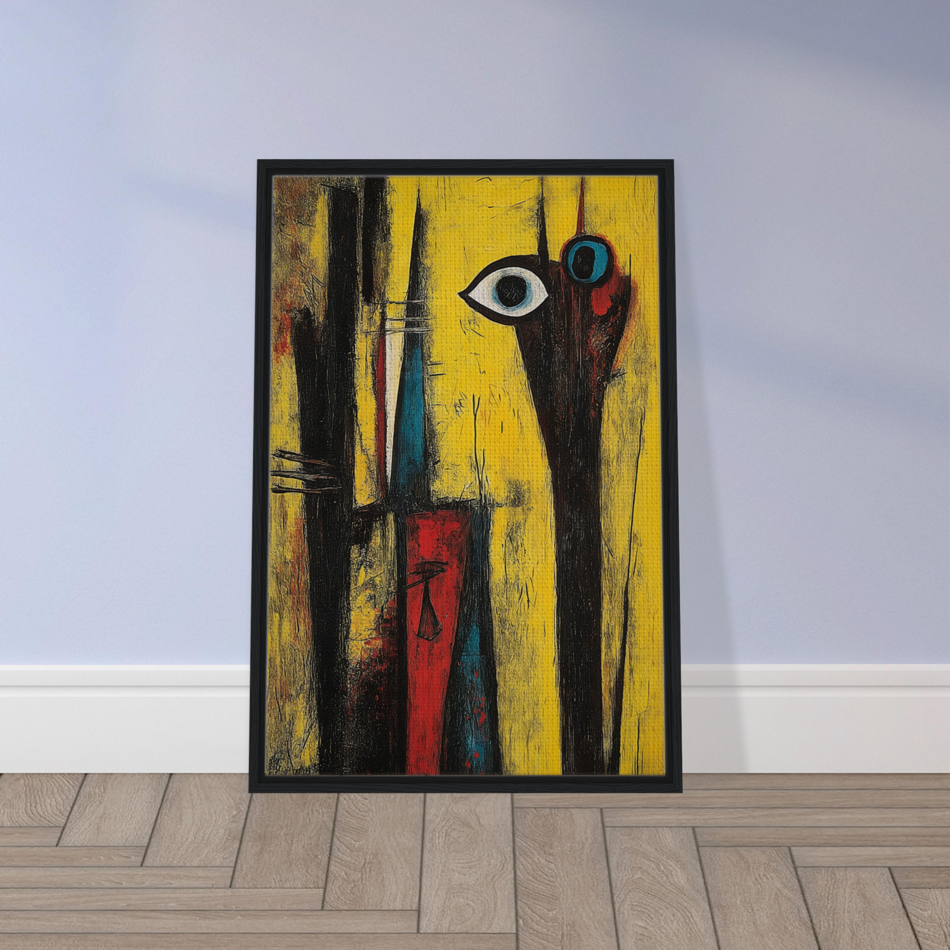 Framed canvas print of Cosmic Dreaming Curvature with bold yellow background and eye shapes