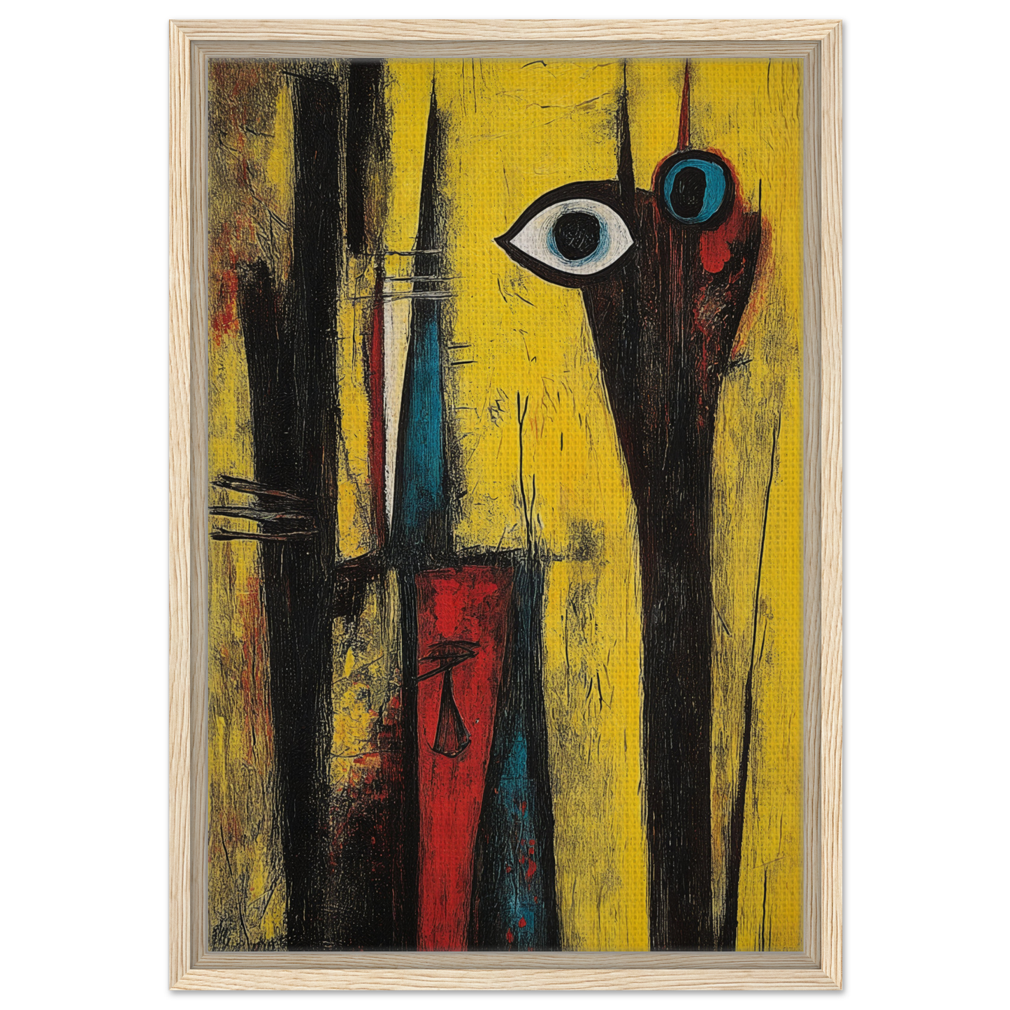 Abstract painting with bold shapes and an eye motif, perfect for Cosmic Dreaming Curvature room decor