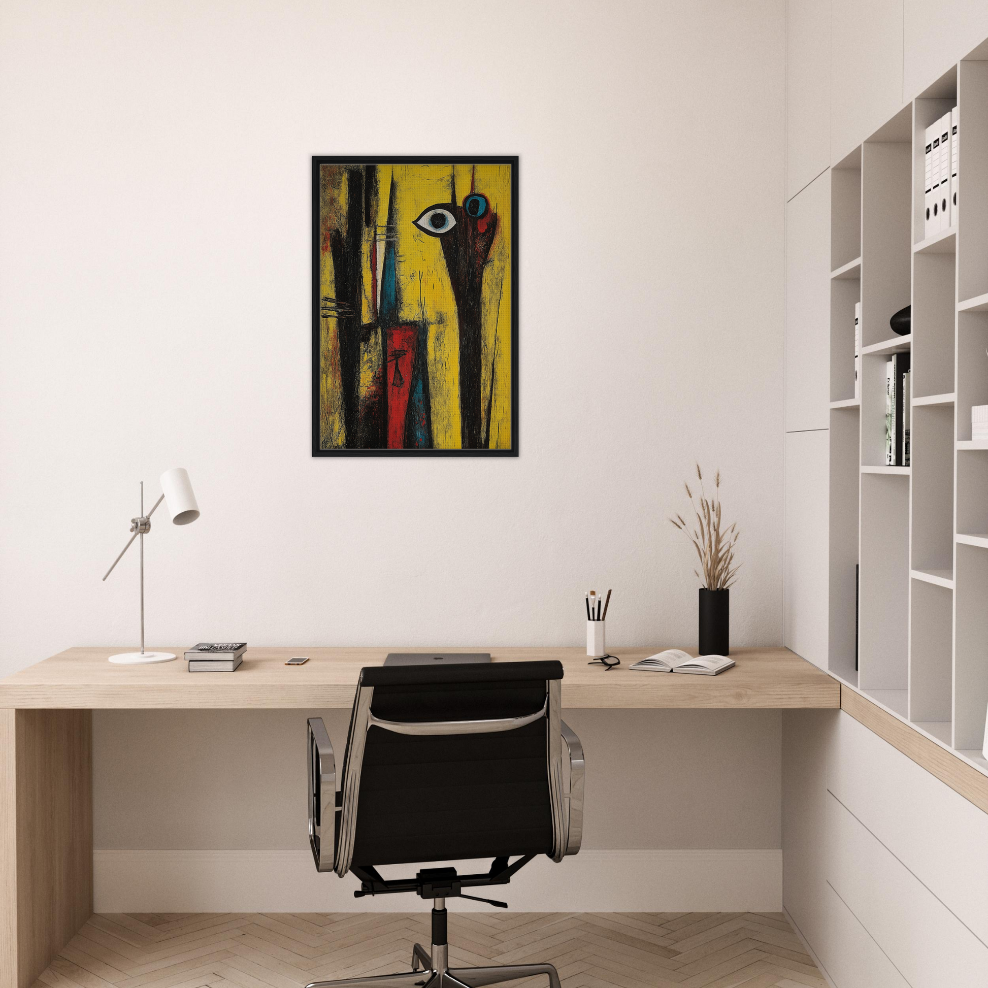 Modern home office featuring Cosmic Dreaming Curvature framed canvas print and minimalist desk