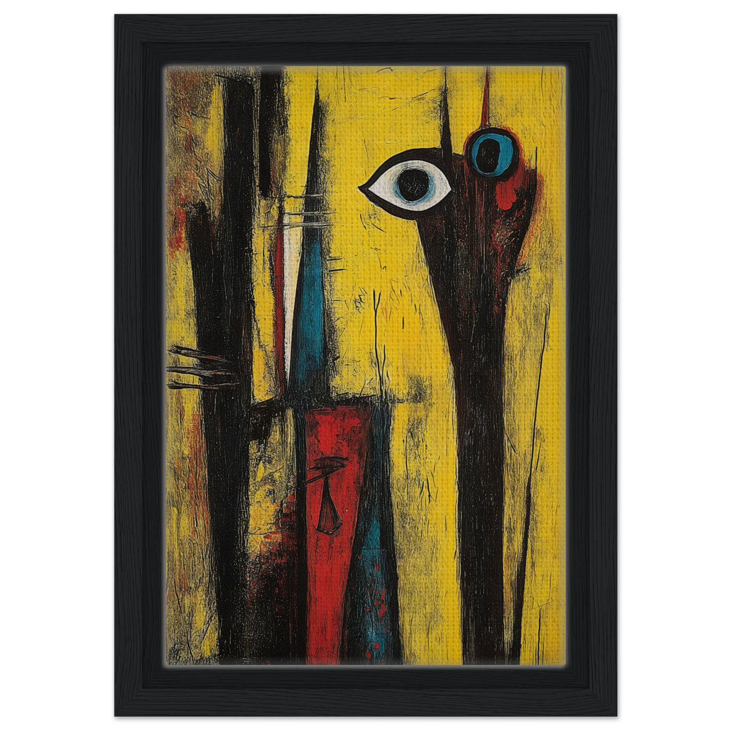 Abstract painting with eye motif and vertical shapes on yellow, Cosmic Dreaming Curvature framed print