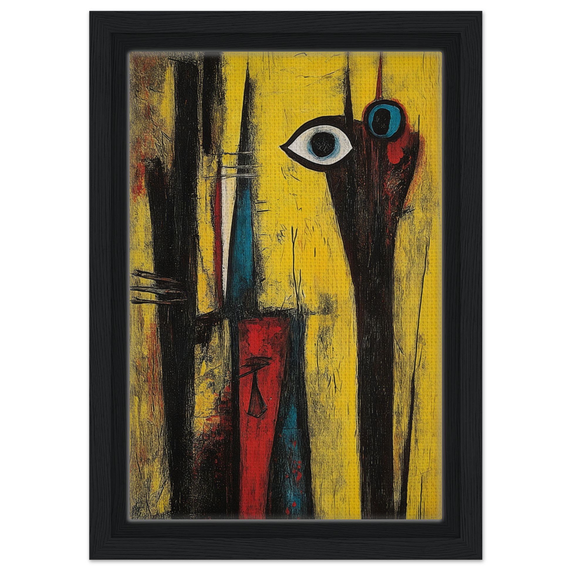 Abstract painting with eye motif and vertical shapes on yellow, Cosmic Dreaming Curvature framed print