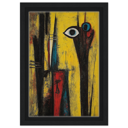 Abstract painting with eye motif and vertical shapes on yellow, Cosmic Dreaming Curvature framed print