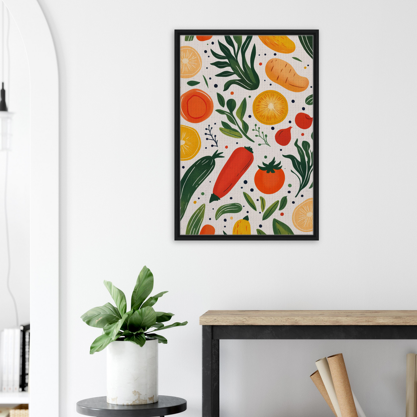 Framed artwork of colorful fruits and vegetables from Cosmic Produce Symphony collection