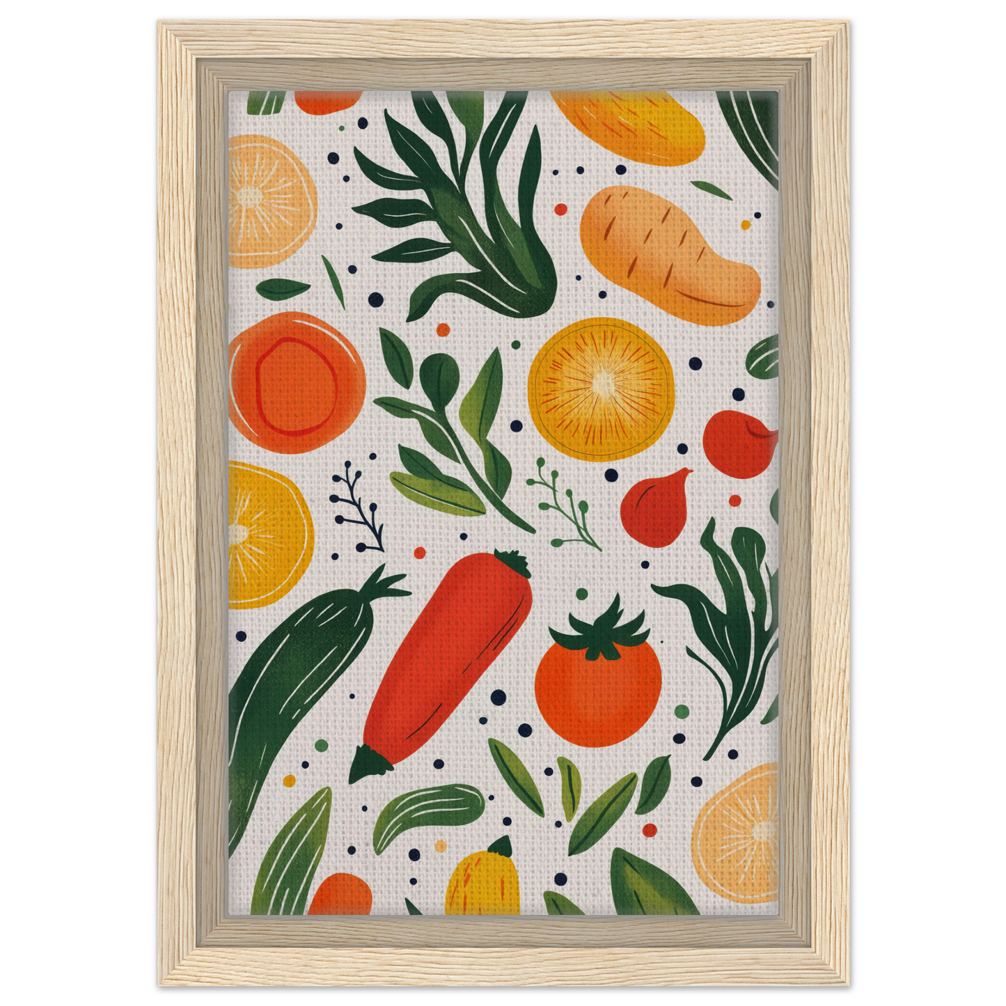 Framed artwork of vibrant fruits and vegetables from Cosmic Produce Symphony collection