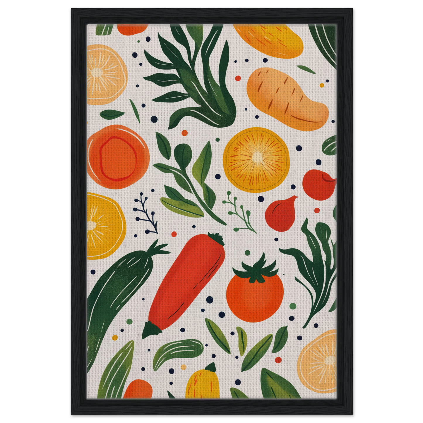 Colorful illustration of fruits and vegetables in Cosmic Produce Symphony design