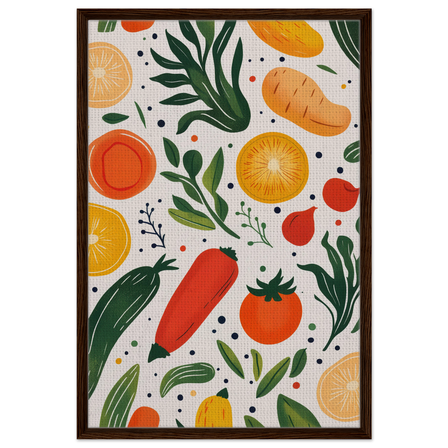 Colorful illustration of fruits and vegetables in Cosmic Produce Symphony design