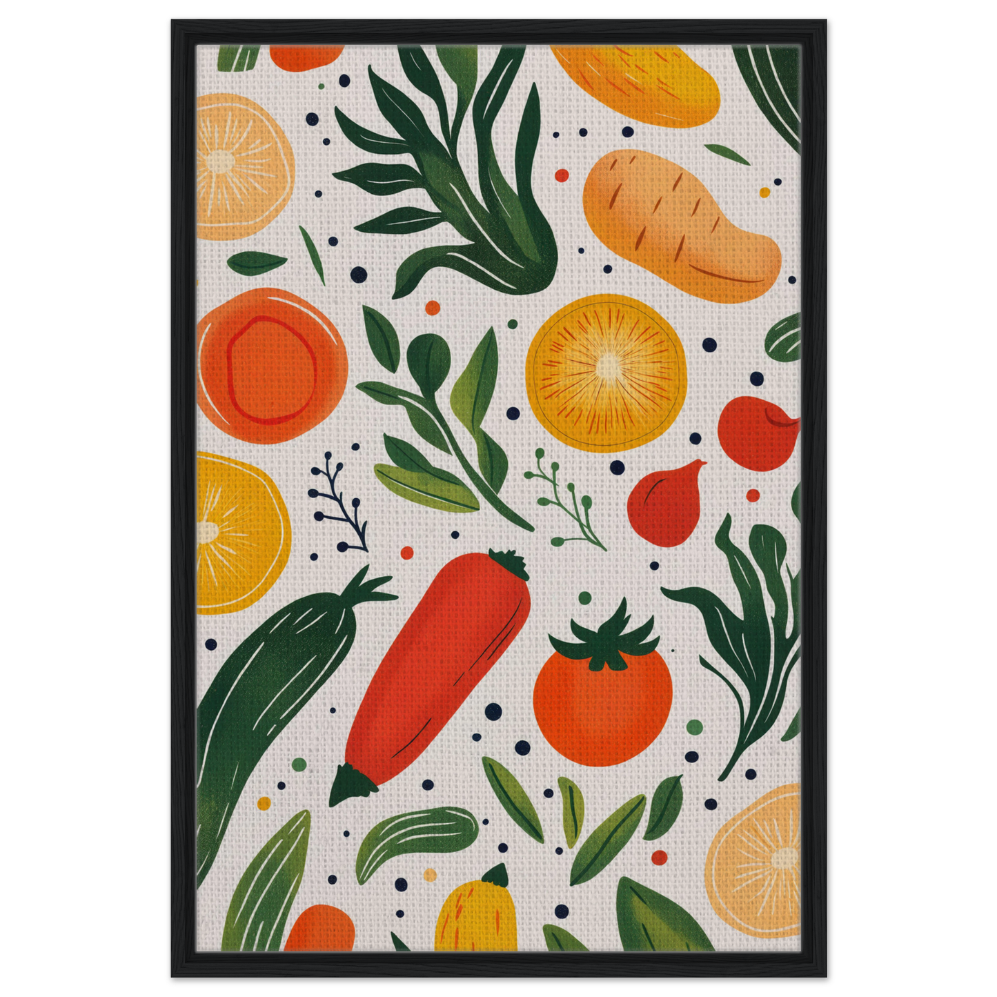 Colorful illustration of fruits and vegetables from Cosmic Produce Symphony canvas art