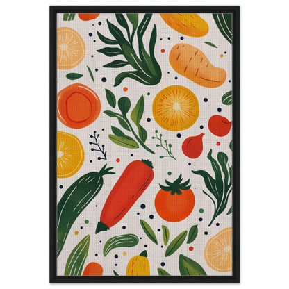 Colorful illustration of fruits and vegetables from Cosmic Produce Symphony canvas art