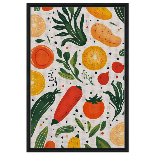 Colorful illustration of fruits and vegetables from Cosmic Produce Symphony canvas art