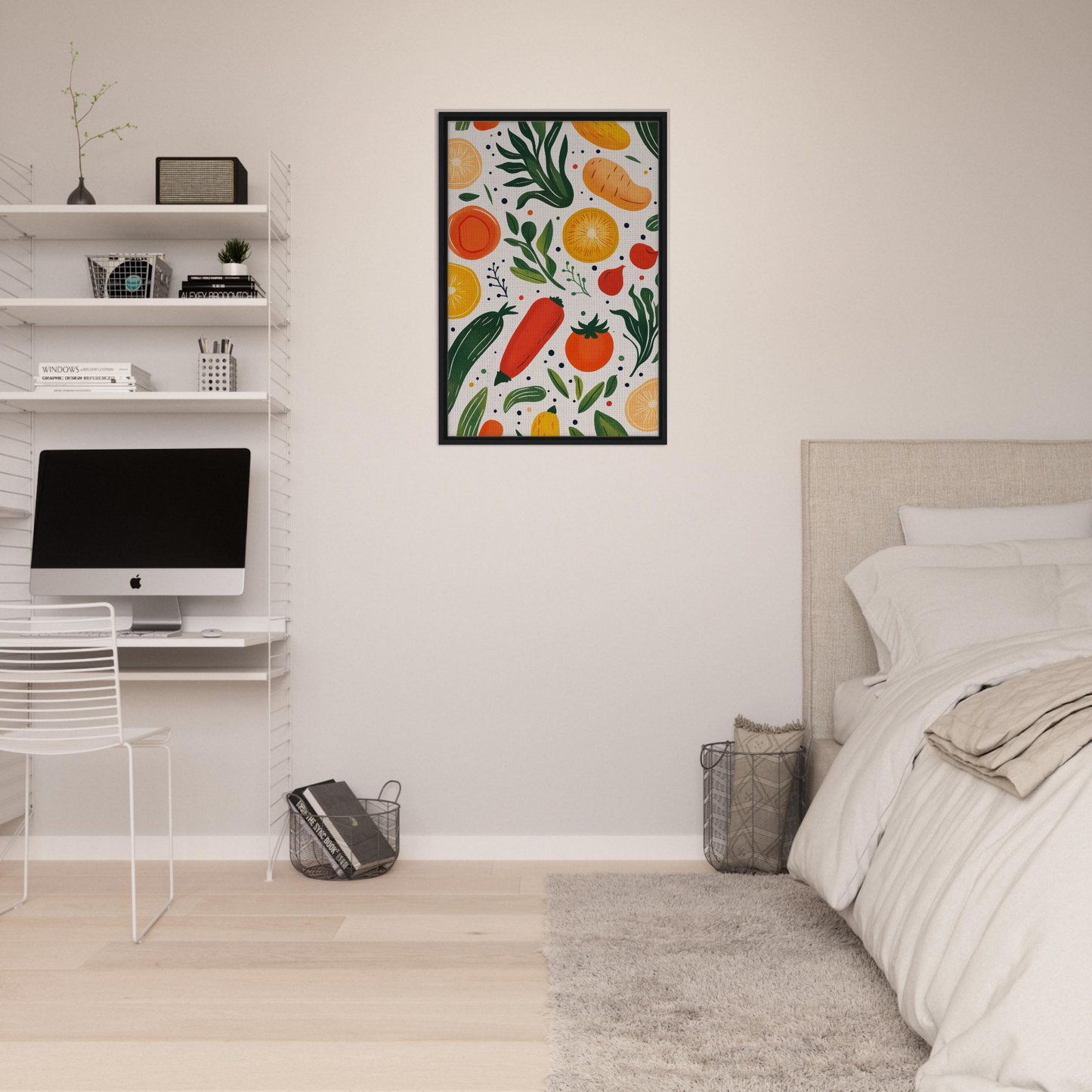 Colorful framed artwork of fruits and vegetables in Cosmic Produce Symphony design