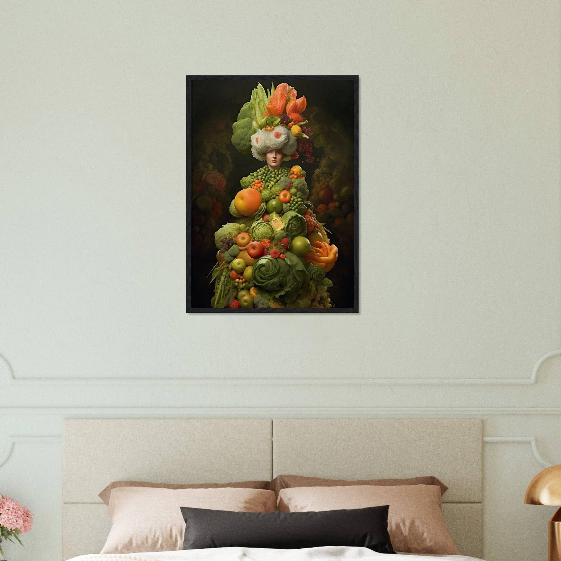 Surreal portrait composed entirely of colorful fruits and vegetables arranged to resemble a human figure.